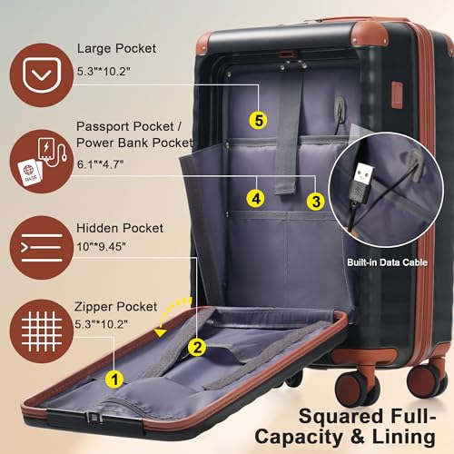 Merax Hardside Luggage Set,5 Piece Front Opening Suitcase Set.Black - color: Black and Brown, size: 5 Piece(20/24/28/DB/TB)