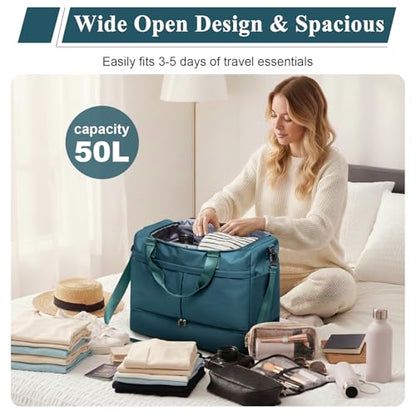 Travel Duffel Bag with Shoe Compartment,Overnight Weekender Bags for Women - color: Peacock Blue