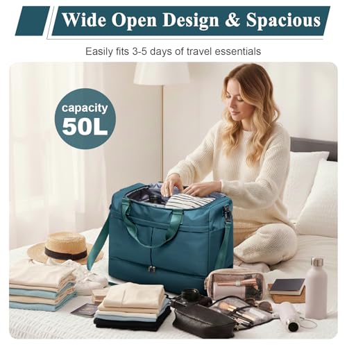 Travel Duffel Bag with Shoe Compartment,Overnight Weekender Bags for Women - color: Peacock Blue with Toiletry Bag