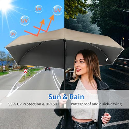 Compact Mini Windproof Travel Umbrella-UPF 50+ Sun & Rain Protection, Small Folding Design Fits in Pocket or Purse, Lightweight Portable with Case for Women, Men & Kids - color: Beige