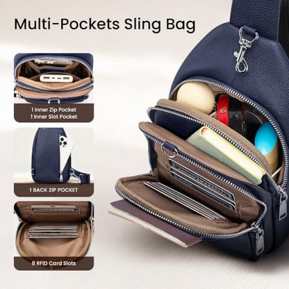 befen Real Leather Small Sling Bag for Women Anti Theft Crossbody Chest Bags Multi-Pockets Fanny Pack with RFID Blocking Card Slots Navy Blue - color: Navy Blue