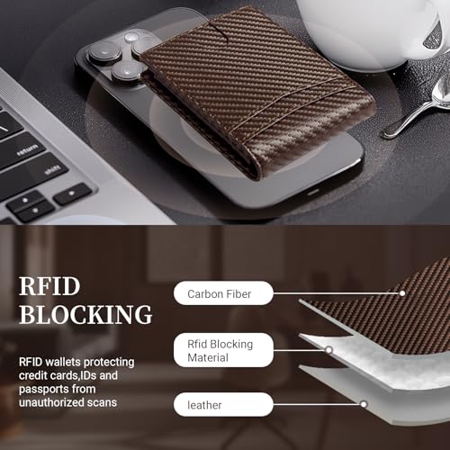 GNDR Wallet For Men RFID Blocking Coffee Leather Wallets Bifold Front Pocket Carbon Fiber Card Holder Mens Accessories With Gift Box - color: Coffee carbon fiber-02