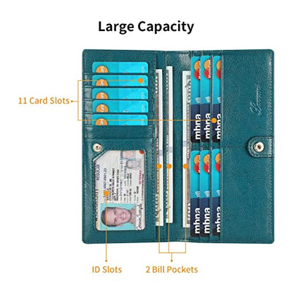 Lavemi Ultra Slim Thin Leather Women Wallet RFID Blocking Credit Card Holder Bifold Long Ladies Billfold - color: 1-waxed Peacock Blue