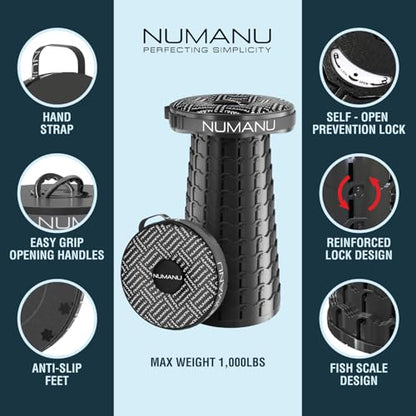 NUMANU 3XL Cushioned Collapsible Stool for Adults, Folding Seat, 1000 lbs | Oversized Big & Tall Stool, Telescoping 2.7-23.2in Adjustable, 360 Swivel Pad + Waterproof Bag; Travel, Sports, Camping - size: 3XL 23.2" + Cushion & Bag