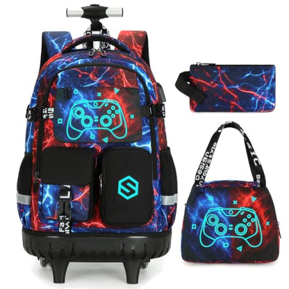 Scothen Cool Luminous Rolling Backpack for Boys with Lunch Bag Pencil Pouch - color: Cool Red Blue