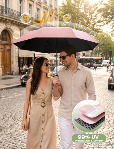 Yoobure Compact Travel Umbrella, Windproof Automatic Folding UV Sun & Rain - color: Coral Pink