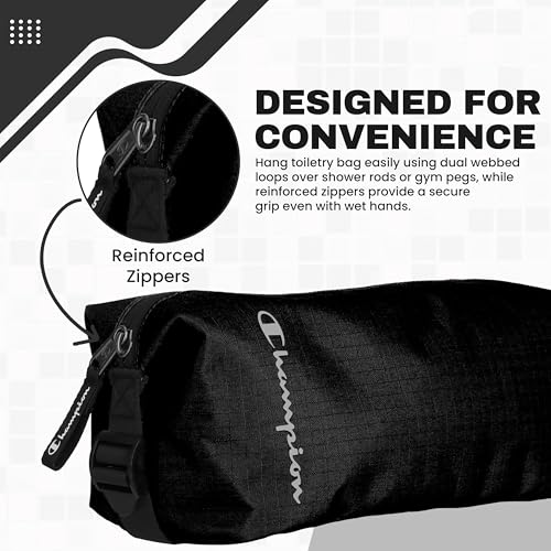 Champion Hanging Dopp Kit, Travel-Sized Polyester Bag, Water-Resistant True Black - style: True Black
