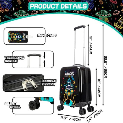 Kid's Luggage Set 2 Piece Suitcase Set Hardside Luggage with Spinner Wheels Boys Carry on Toddler Travel Rolling Suitcase Airline Approved - color: Black Rocket
