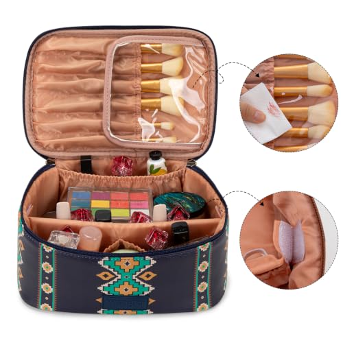 Wrangler Travel Makeup Bag 2pcs Set Cosmetic Bag with Makeup Brush Holder - color: Aztec-Blue