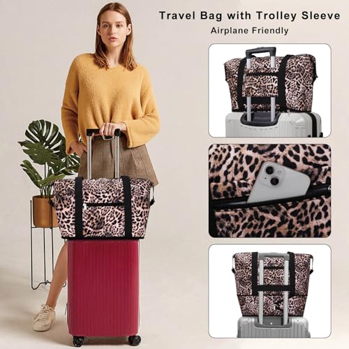 Expandable Duffel Bag for Women with Trolley Sleeve/Wet Pocket Weekender Travel Tote Large Carry On Overnight Luggage - color: Leopard