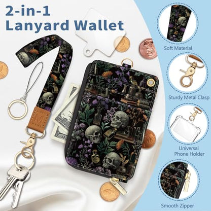 Lanyard Wallet with Id Badge Holder Goth Keychain for Card Women - color: Goth Skull