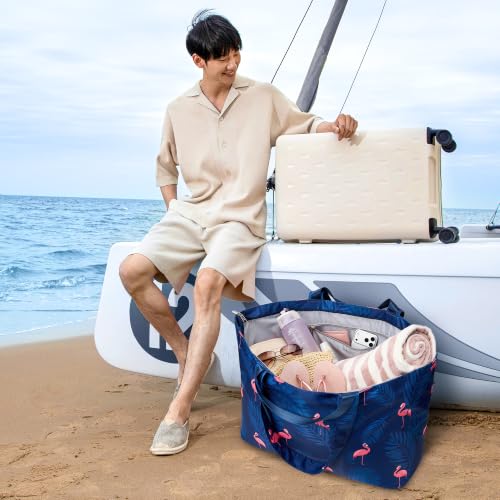 KALIDI 60L Extra Large Beach Tote Oversized Bag Zipper Utility Weekender - color: Blue Flamingo