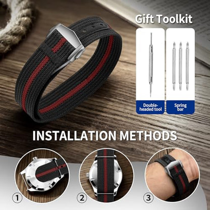 Nylon Watch Strap 20mm 22mm Nylon Watch Band Replacement Single Pass Strap Breathable Military Watch Bands for Men Soft Elastic Watch Straps - color: Black & Red, size: 22mm