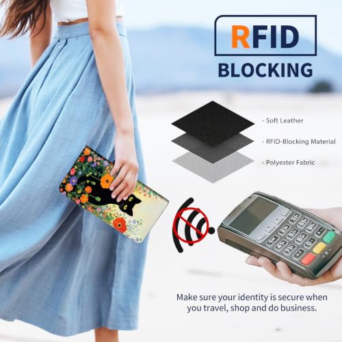 Passport Wallet for Women,Travel Wallet Passport Holder RFID Blocking - color: Black Cat Wildflower