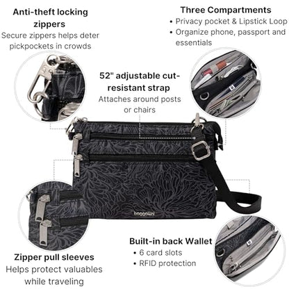 Securtex Anti-Theft Stash Crossbody - 9.25"x 6.25" Travel Safe Bag w/Locking Zippers - color: Midnight Blossom