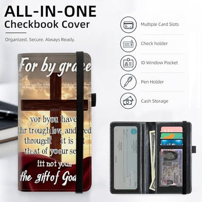 Religious Cross Sunset Grace Premium Leather Checkbook Cover for Men Women, Multi-Functional Long Wallet with RFID Blocking, Business Card Holder&Pen Loop Slim Design - color: Religious Cross Sunset Grace