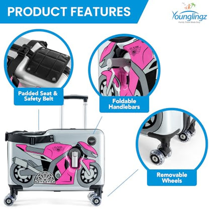 Younglingz LIL FLYER GO Version 2 Ride On Suitcase for Kids | Carry On Luggage with Toddler Seat, Foldable Handlebars, Pedals, and Removable Wheels | Holds up to 80 lbs | Pink Motorcycle | Ages 2-6 - color: Pink Motorcycle V2