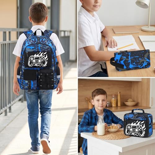School Backpack for Boys - 4pcs Gamer Boys Backpack with Lunch Box Set for Kids Teens Elementary Middle High School,18″ Large Capacity Students Bookbag with Usb Charging Port & Key-chain - color: Blue-game03-set