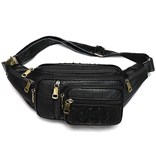 Genuine Leather Fanny Pack large capacity Crossbody Waist Bag with Zipper phone Pockets crocodile black - color: Black Croco