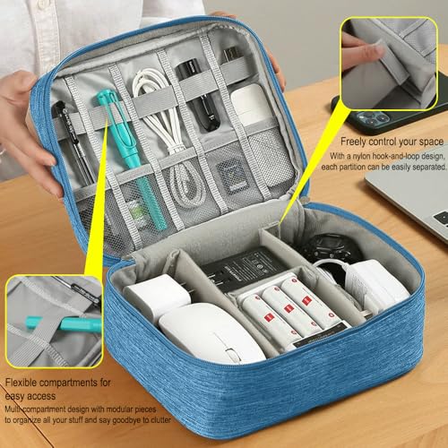 Travel Cable Organizer Pouch Electronic Accessories Carry Case Portable Waterproof Double Layers Storage Bag for Cord, Charger, Phone, Earphone,Blue
