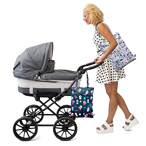 2PCS Bundle Wet Dry Bag Waterproof Tote Reusable Wet Clothes Baby Diapers Stroller Swimsuit Travel Small Larger Electronics Toiletries Pouch Dinosaur and cute Animals - color: Dino & Space Animals