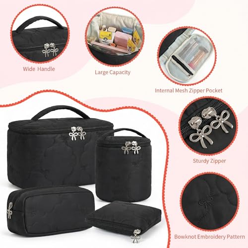 AMDAILY 4Pcs Quilted Makeup Bag Set, Bowknot Puffy Makeup Bag w/Bow Zipper - color: Black