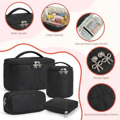 AMDAILY 4Pcs Quilted Makeup Bag Set, Bowknot Puffy Makeup Bag w/Bow Zipper - color: Black