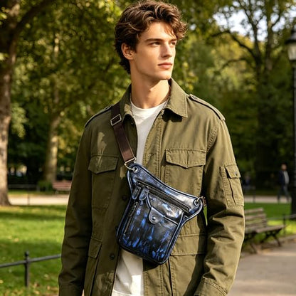 Water Resistant Canvas + Leather Motorcycle Fanny Waist Pack One Shoulder Drop Leg Thigh Bag For Men Women FB211-6 - color: 100% Genuine Leather-211-5-Blue