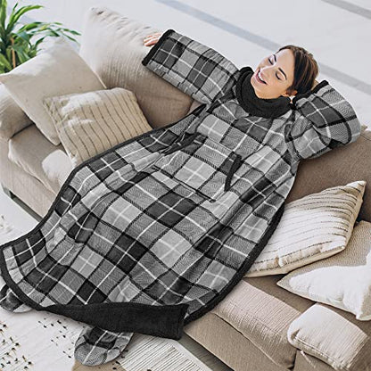 PAVILIA Sherpa Blanket with Sleeves, Foot Pockets for Women Men, Plaid Gray - color: Plaid Charcoal, size: Sherpa