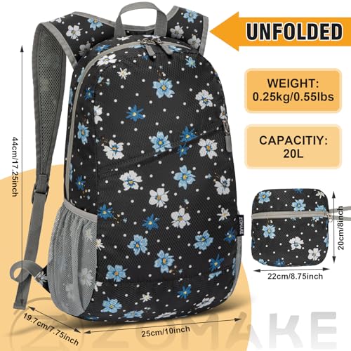 ZOMAKE Lightweight Packable Backpack 20L, Foldable Small Daypack for Hiking - color: Black, White Polka Dot Floral