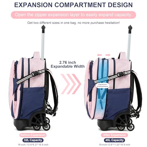 NEW TILAMI 18 Inch Expandable Rolling Backpack Stair-Climbing for School - color: Pink