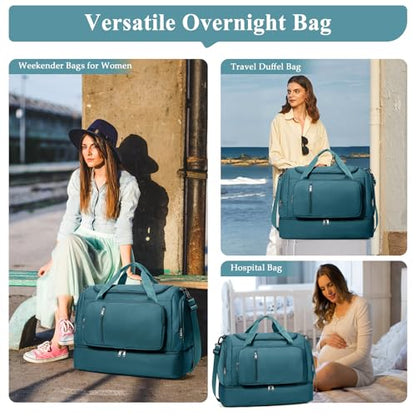 Travel Duffle Bag with Shoes Compartment,Overnight Weekender Bags for Women - color: Peacock Blue