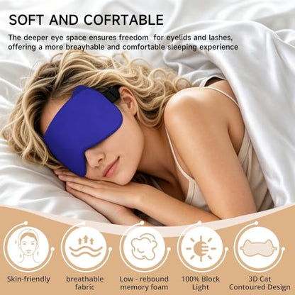 3D Blackout Sleep Mask, Memory Foam Eye Cover for Travel | Zero pressure 3D contoured design with adjustable strap. Perfect for side sleepers, travel, and lash extensions. - color: Blue