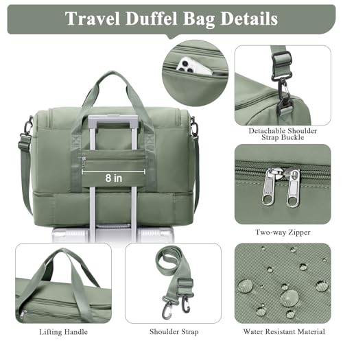 Travel Duffle Bag with Shoes Compartment,Carry-On Weekender Bags for Women - color: Olive Green with Toiletry Bag, size: Large