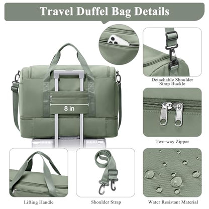 Travel Duffle Bag with Shoes Compartment,Carry-On Weekender Bags for Women - color: Olive Green with Toiletry Bag, size: Large