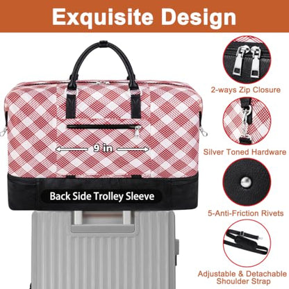 TIBES Travel Weekender Bag for Women, Overnight Bag with Shoe Compartment - color: W-Red Plaid