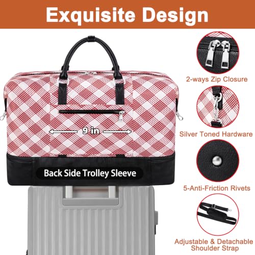 TIBES Travel Weekender Bag for Women, Overnight Bag with Shoe Compartment - color: W-Red Plaid