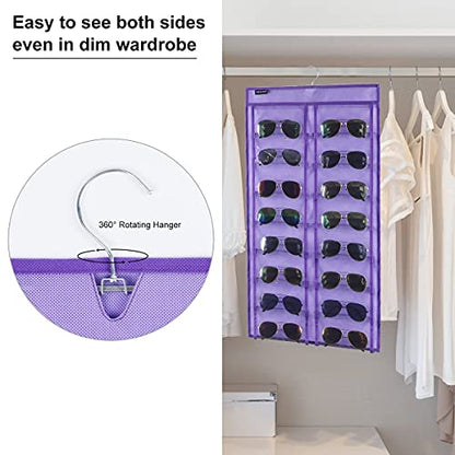 Dual Sided Hanging Sunglasses Organizer Wall Eyeglass Holder Sunglass Rack for Home with 32 Dust Proof Pockets (32 Pockets-Purple) - color: 32 Pockets-Purple