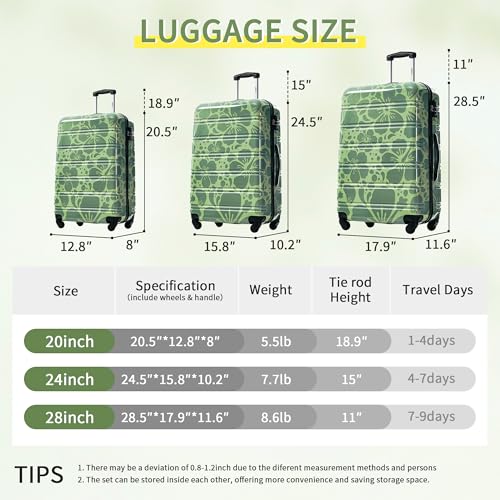 Merax Luggage Sets 3 Piece, Hardside Suitcase Set with Spinner Wheels - color: Green Print, style: 3-piece Set(20/24/28)