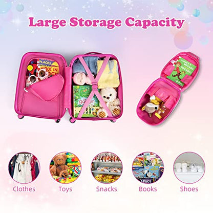 GYMAX Kids Carry On Luggage Set, 12" & 16" 2PCS Rolling Suitcase - color: Unicorn
