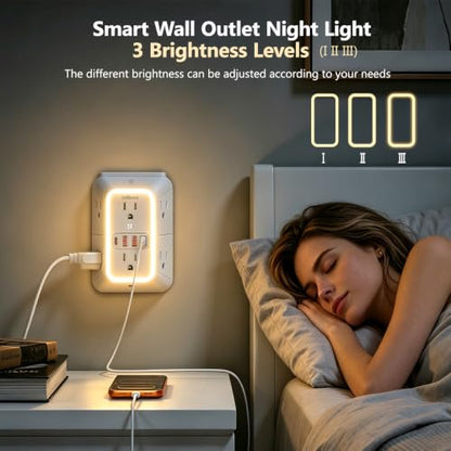 JcBlaon Surge Protector Outlet Extender, 6 Outlet Splitter and 4 USB Ports (PD 20W USB-C) with Night Light, 3 Sided Multi Plug Wall Adapter Power Strip for Home Travel Office-ETL - color: White-20W-1Pcs