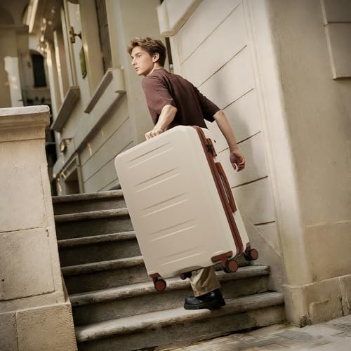 Merax Luggage Sets 5 Piece Front Open,Lightweight Expandable Luggage - color: White&Brown(20 top-open), style: 3-piece Set(20/24/28)