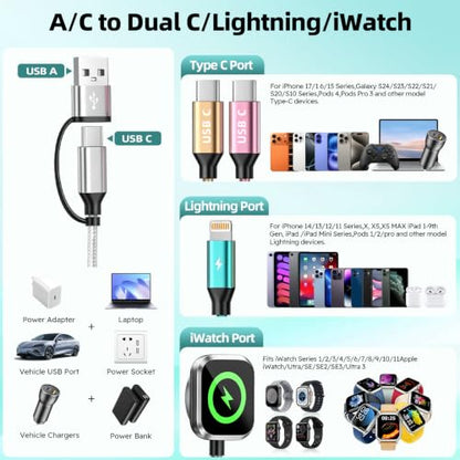 Cruise Essentials 2026, 4 in 2 Multi Charging Cable for Apple Watch Charger - color: White&Green&Golden&Pink, size: AC to 2C+L+iWatch