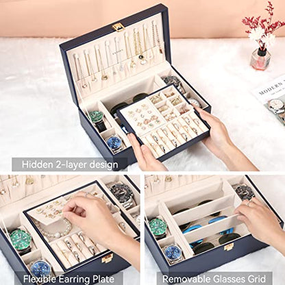 LANDICI 2-Layer Jewelry Box with 4 Watch Slots, Grey - color: Dark Blue