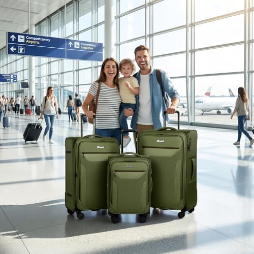 3PCS Softside Luggage Set,Upright Spinner Softshell Luggage - color: Green, size: 3-Piece Set (22 inch/28 inch/32 inch)