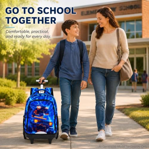 20 Inches Large Wheels Rolling Backpack for Boys with Detachable, 3Pcs Kids Lightning Truck Wheeled Backpack Set for Elementary School (Blue) - color: Lightning Dual-cab Truck (Large Wheels)
