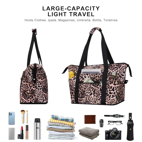 Expandable Duffel Bag for Women with Trolley Sleeve/Wet Pocket Weekender Travel Tote Large Carry On Overnight Luggage - color: Leopard