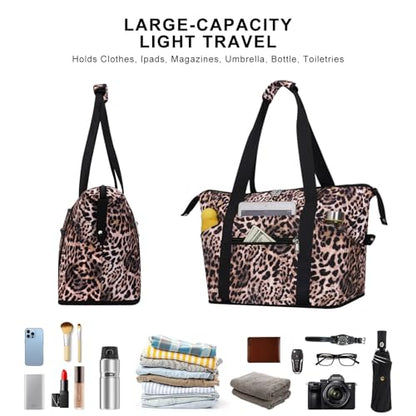 Expandable Duffel Bag for Women with Trolley Sleeve/Wet Pocket Weekender Travel Tote Large Carry On Overnight Luggage - color: Leopard
