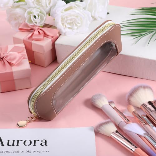 Psyqtsuary Small Clear Make Up Bag, PU Leather Portable Makeup Brush Pouch - color: Light Brown