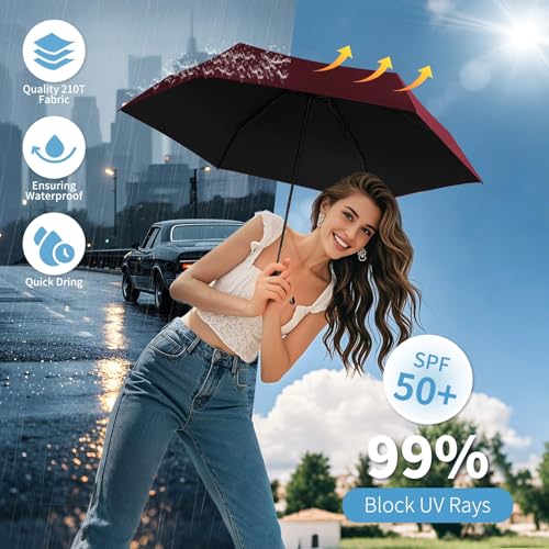 Yoobure Mini Travel Umbrella with Case, Compact Folding Umbrella - color: Burgundy Red